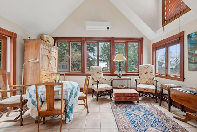 168 Ocean Ave, Kennebunkport, ME 04046 - living area with an AC wall unit, light tile patterned floors, and high vaulted ceiling