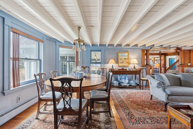 168 Ocean Ave, Kennebunkport, ME 04046 - dining space with a baseboard heating unit, beam ceiling, and light wood finished floors
