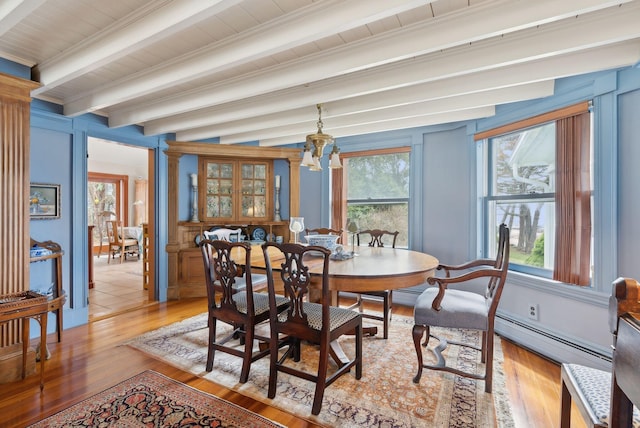 168 Ocean Ave, Kennebunkport, ME 04046 - dining area featuring light wood-type flooring, a baseboard radiator, and beam ceiling