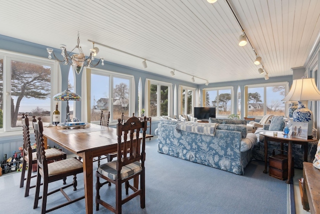 168 Ocean Ave, Kennebunkport, ME 04046 - carpeted dining room featuring rail lighting, a chandelier, and a healthy amount of sunlight