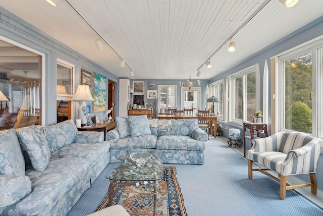 168 Ocean Ave, Kennebunkport, ME 04046 - sunroom / solarium with carpet flooring, track lighting, and wooden ceiling