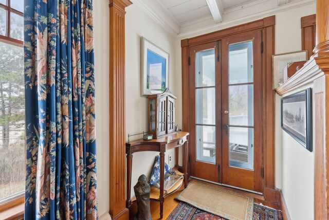 168 Ocean Ave, Kennebunkport, ME 04046 - doorway featuring french doors, wood finished floors, a healthy amount of sunlight, and beamed ceiling