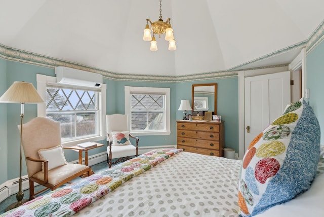 168 Ocean Ave, Kennebunkport, ME 04046 - bedroom featuring high vaulted ceiling, an AC wall unit, a baseboard heating unit, and a notable chandelier
