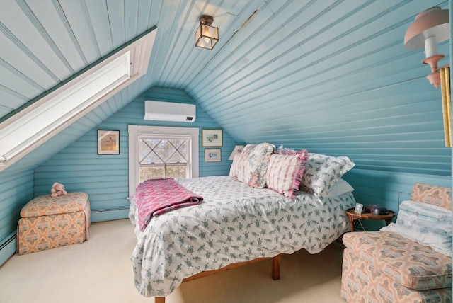 168 Ocean Ave, Kennebunkport, ME 04046 - bedroom featuring carpet floors, a wall mounted air conditioner, lofted ceiling with skylight, and a baseboard radiator