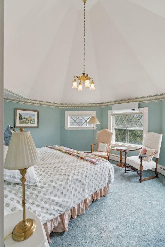 168 Ocean Ave, Kennebunkport, ME 04046 - carpeted bedroom with an inviting chandelier and high vaulted ceiling