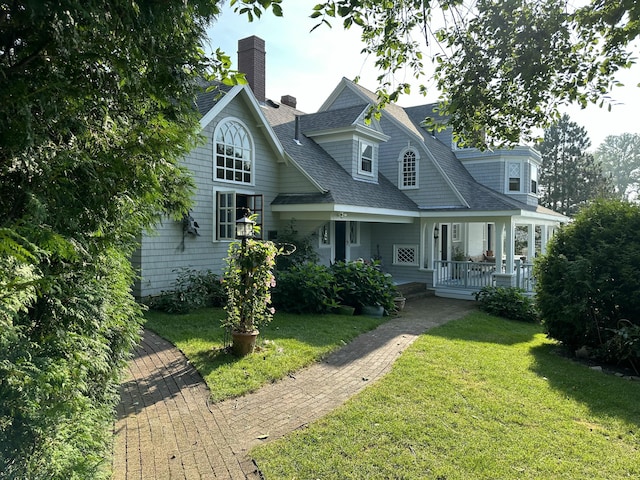 168 Ocean Ave, Kennebunkport, ME 04046 - view of front of home with a shingled roof, a chimney, a porch, and a front lawn