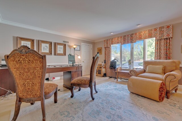 home office with crown molding and visible vents