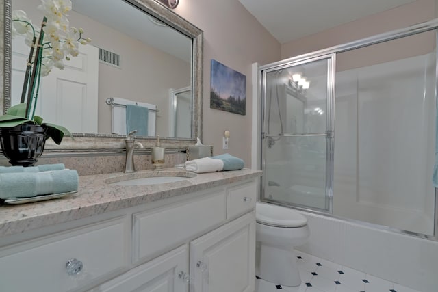 full bath featuring visible vents, enclosed tub / shower combo, toilet, and vanity