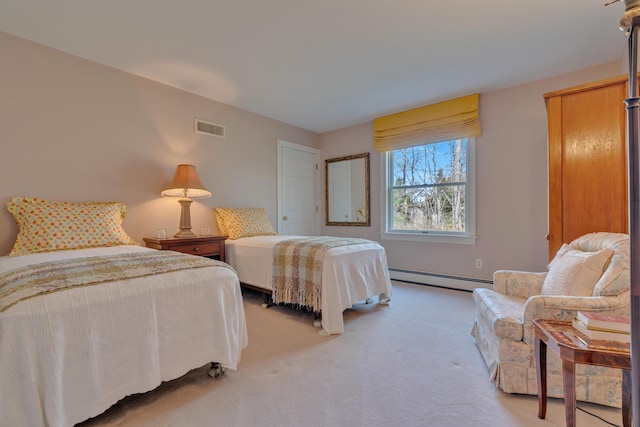 bedroom with visible vents, light carpet, and a baseboard radiator