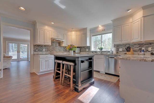 kitchen featuring stainless steel dishwasher, under cabinet range hood, plenty of natural light, and dark wood-type flooring
