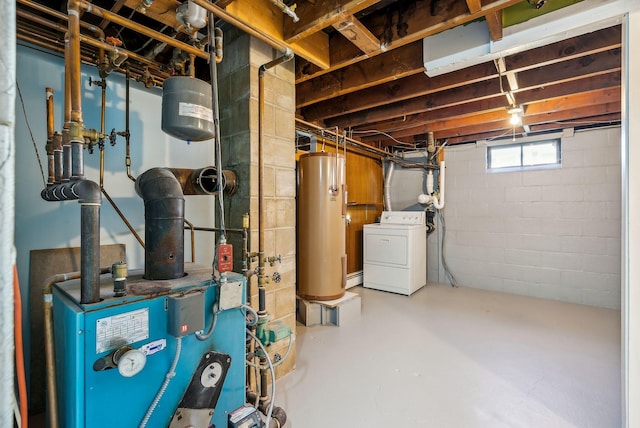 basement featuring water heater, washer / clothes dryer, and a heating unit