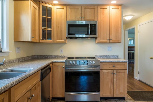kitchen featuring dark wood-style flooring, appliances with stainless steel finishes, glass insert cabinets, and recessed lighting