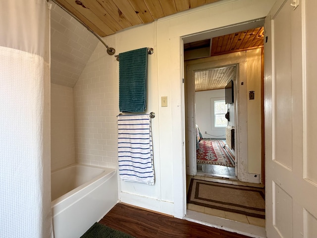 12 Prince Ave, Eastport, ME 04631 - bathroom with wooden ceiling and shower / bathtub combination with curtain