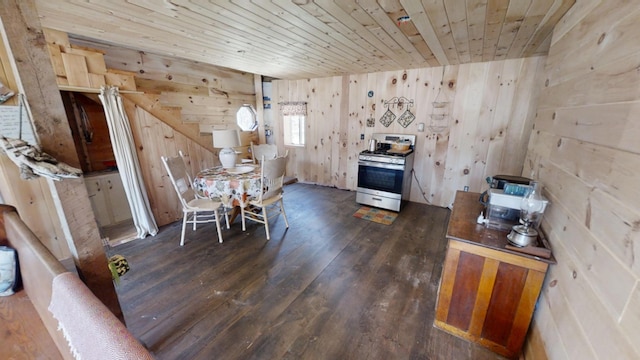 305 Main St N, Searsmont, ME 04973 - dining area with wooden walls, wood-type flooring, and wood ceiling