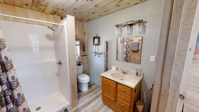 305 Main St N, Searsmont, ME 04973 - full bathroom featuring wood finished floors, wood ceiling, a shower stall, toilet, and vanity