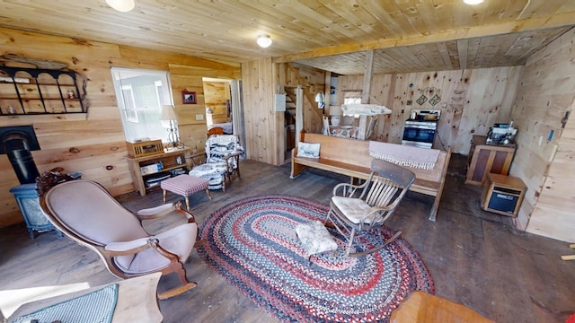 305 Main St N, Searsmont, ME 04973 - interior space featuring a wood stove, wood finished floors, and wood walls