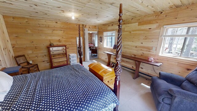 305 Main St N, Searsmont, ME 04973 - bedroom featuring baseboard heating, wooden walls, and wood ceiling