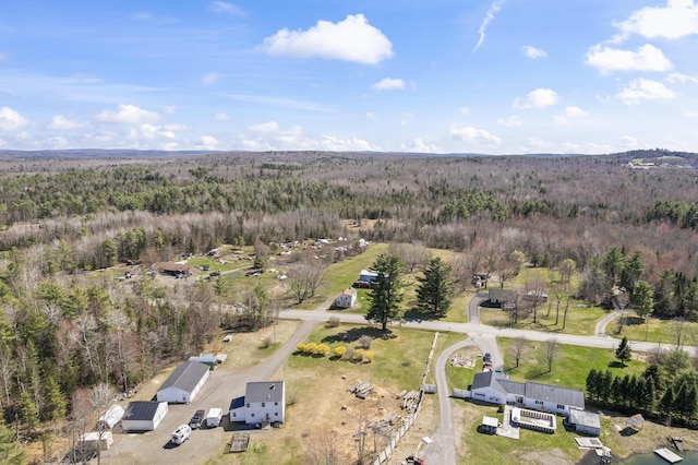 drone / aerial view featuring a wooded view