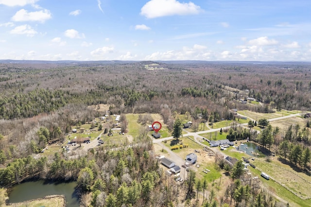 aerial view with a water view and a forest view