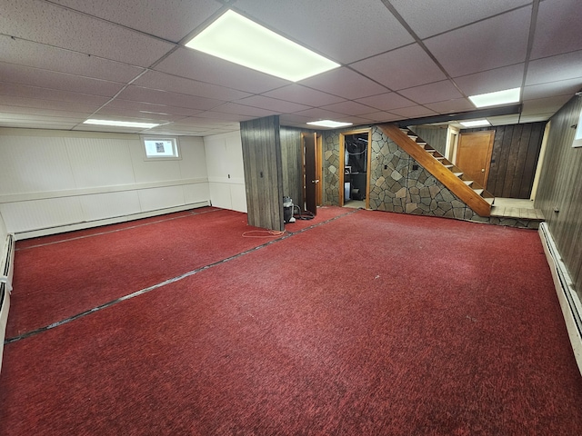 57 Owlsboro Rd, Mount Chase, ME 04765 - basement with carpet, a paneled ceiling, and stairs