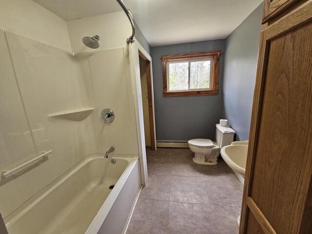 57 Owlsboro Rd, Mount Chase, ME 04765 - full bath with tile patterned floors, a baseboard heating unit, toilet, and shower / bathing tub combination