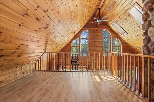 48 Thistle Ln, Sidney, ME 04330 - additional living space featuring ceiling fan, wood walls, wooden ceiling, hardwood / wood-style flooring, and lofted ceiling