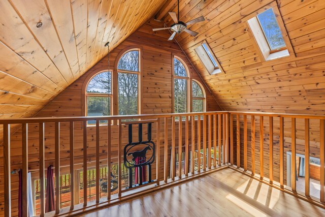 48 Thistle Ln, Sidney, ME 04330 - bonus room featuring wooden ceiling, a skylight, a ceiling fan, wooden walls, and wood finished floors