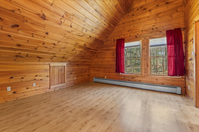 48 Thistle Ln, Sidney, ME 04330 - bonus room with a baseboard heating unit, lofted ceiling, wooden walls, light wood-type flooring, and wood ceiling