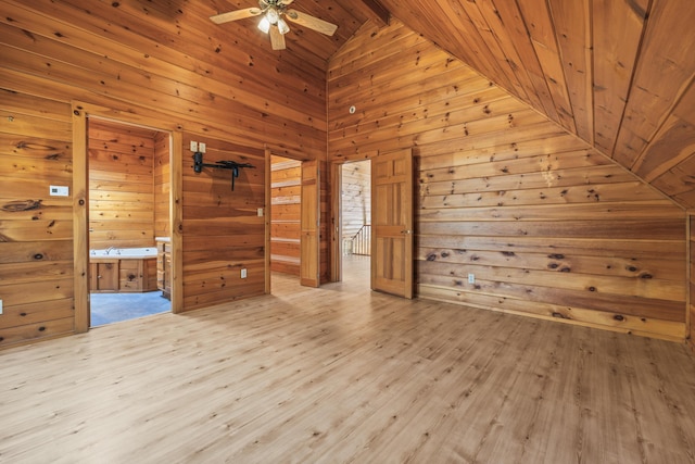 48 Thistle Ln, Sidney, ME 04330 - unfurnished room with lofted ceiling, wooden walls, ceiling fan, wood ceiling, and wood finished floors