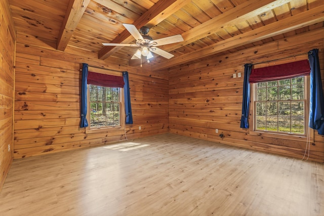48 Thistle Ln, Sidney, ME 04330 - unfurnished room featuring wood ceiling with exposed beams, wooden walls, wood finished floors, and a ceiling fan