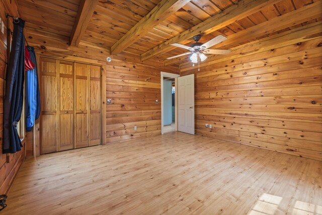 48 Thistle Ln, Sidney, ME 04330 - unfurnished bedroom featuring wood ceiling with exposed beams, wooden walls, light wood-type flooring, and a ceiling fan