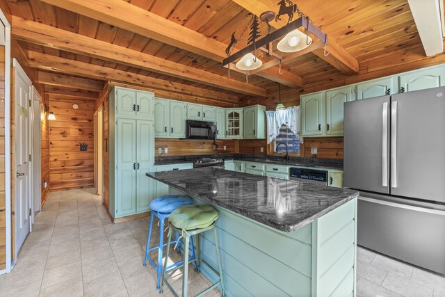 48 Thistle Ln, Sidney, ME 04330 - kitchen featuring stainless steel appliances, green cabinetry, wood ceiling with exposed beams, a sink, and light tile patterned floors
