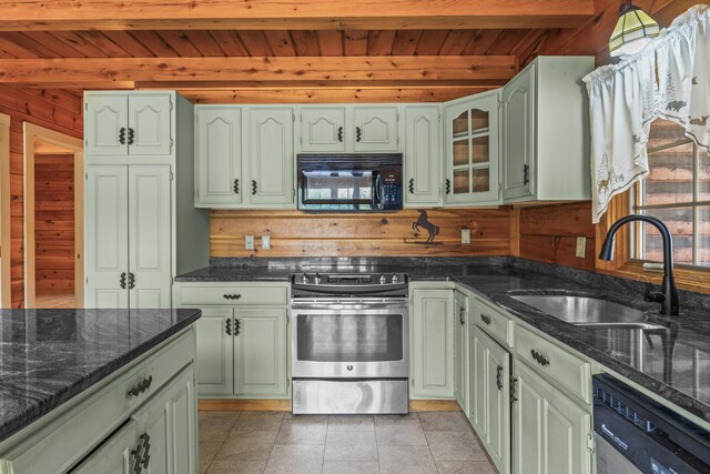 48 Thistle Ln, Sidney, ME 04330 - kitchen with green cabinets, stainless steel appliances, wooden ceiling with exposed beams, a sink, and wood walls