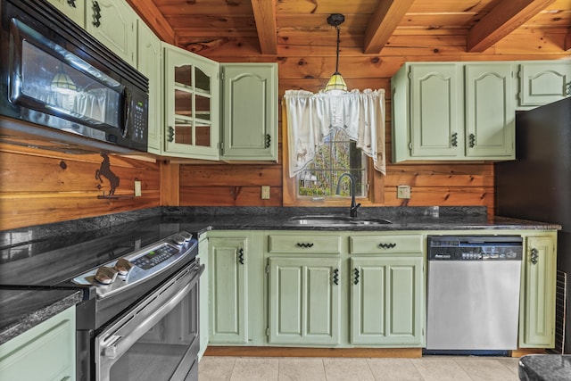48 Thistle Ln, Sidney, ME 04330 - kitchen with appliances with stainless steel finishes, green cabinetry, wooden ceiling with exposed beams, a sink, and wood walls