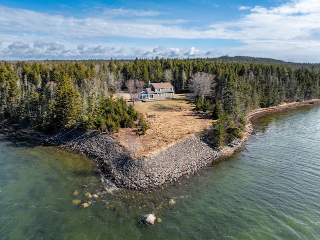 birds eye view of property featuring a water view and a wooded view