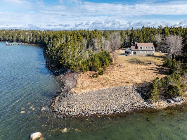 birds eye view of property featuring a water view and a view of trees