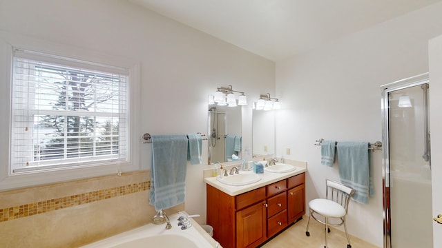 bathroom with double vanity, a wealth of natural light, a shower stall, and a sink