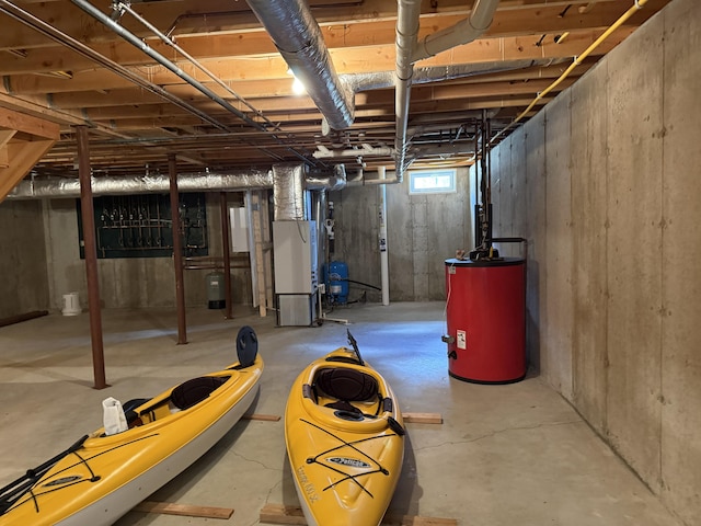 basement with heating unit and water heater