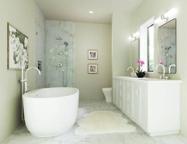 55 Carleton St Unit A, Portland, ME 04102 - bathroom featuring marble look tiles, a marble finish shower, double vanity, and a freestanding tub