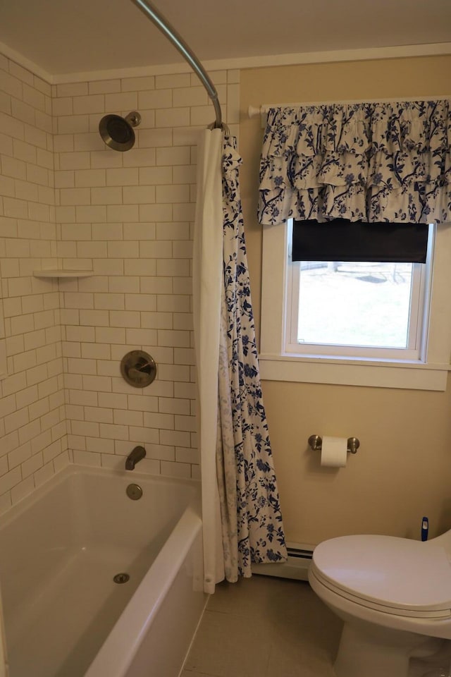 full bath featuring tile patterned flooring, toilet, and shower / bathtub combination with curtain