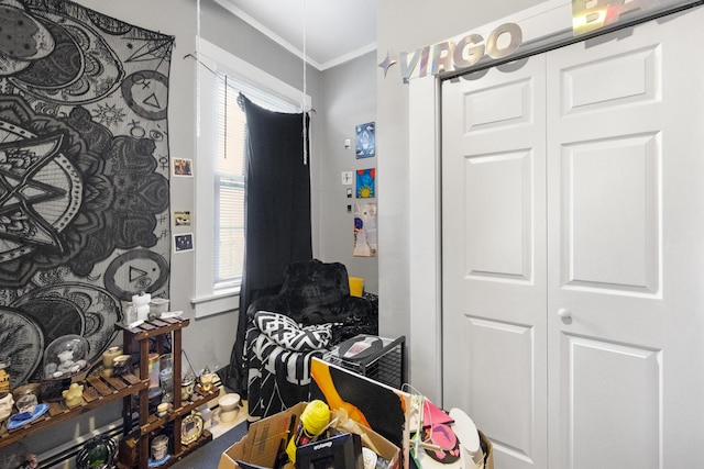 bedroom with a closet and crown molding