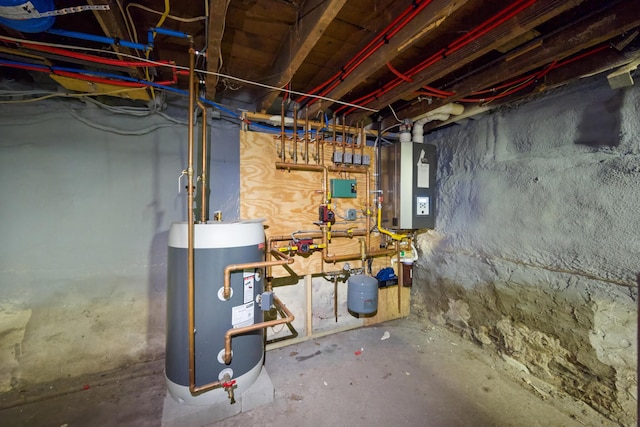 utility room featuring gas water heater and electric panel