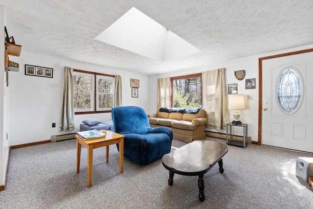 carpeted living area with baseboards, a textured ceiling, and plenty of natural light