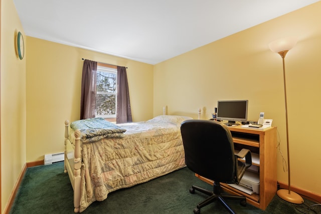 carpeted bedroom featuring baseboards and a baseboard heating unit