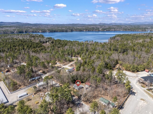 bird's eye view featuring a water and mountain view and a wooded view