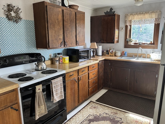 kitchen with range with electric cooktop, light countertops, ornamental molding, and a sink