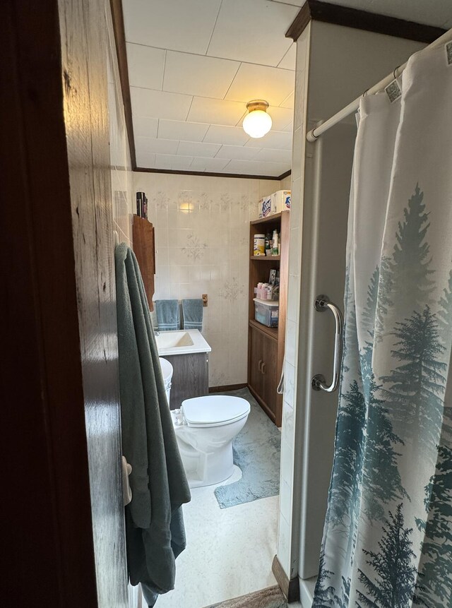 bathroom featuring a shower stall, toilet, and vanity