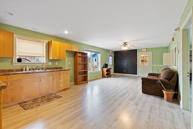kitchen with plenty of natural light, light brown cabinetry, a sink, and light wood-type flooring