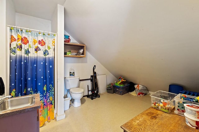 full bathroom featuring curtained shower, toilet, lofted ceiling, and a sink