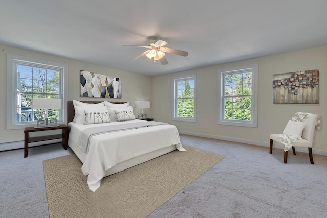 bedroom featuring carpet flooring, a baseboard radiator, ceiling fan, and baseboards